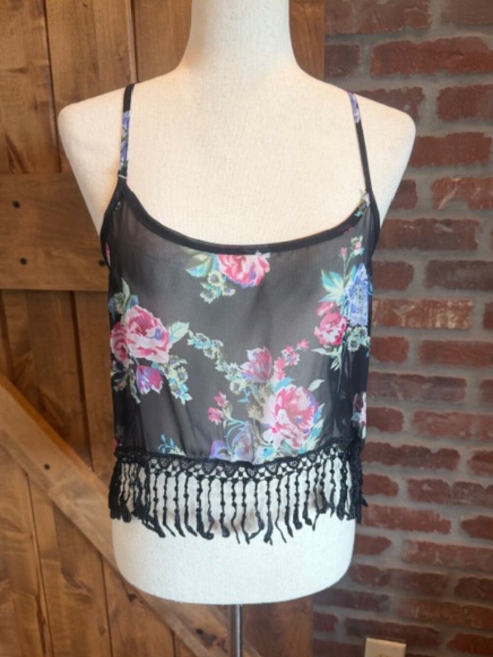 Papaya Floral Sheer Crop Top Lace Fringe Hem Boho Festival Size Small